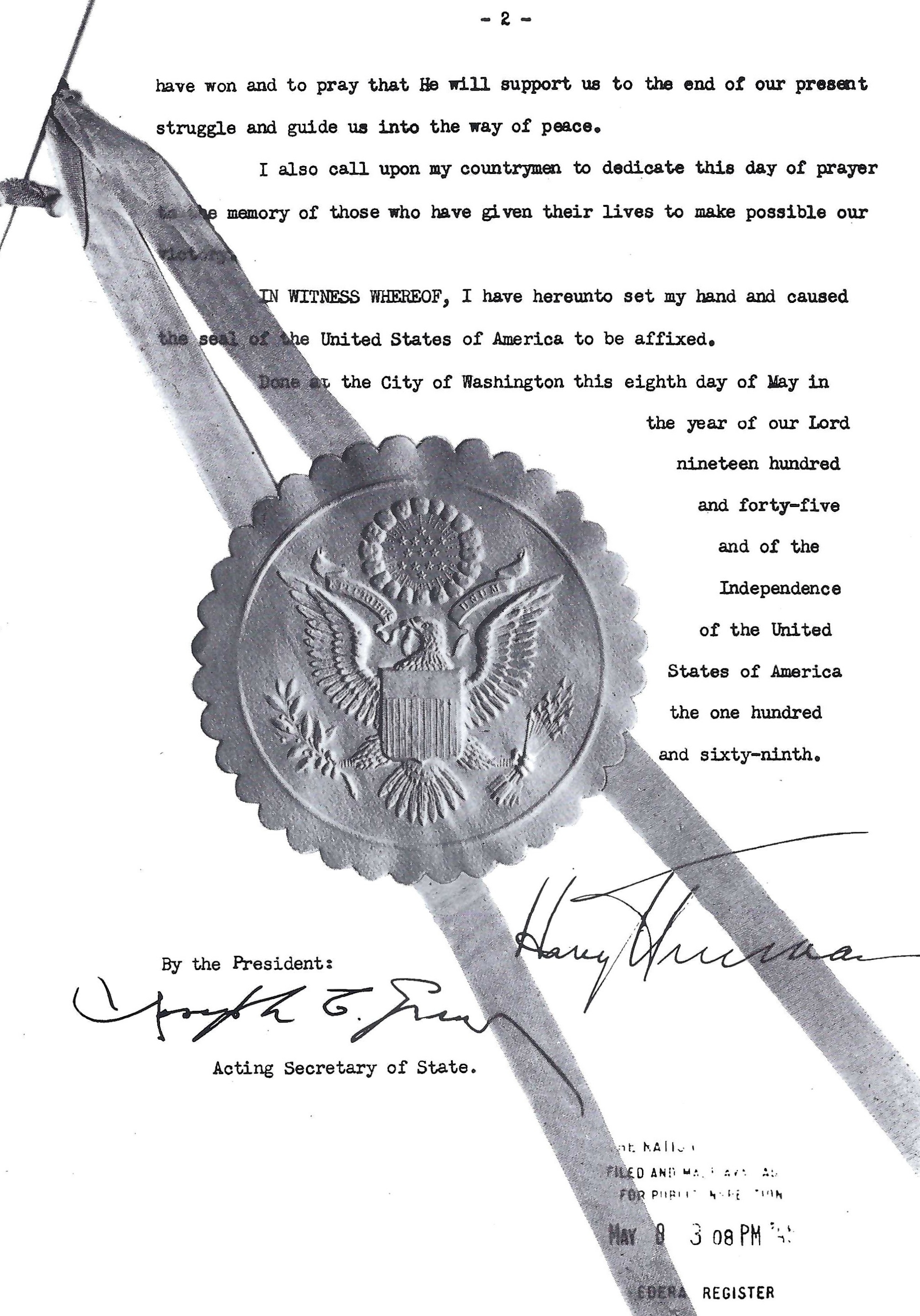 President Truman's proclamation of May 8, 1945, proclaiming the end of the war in
  Europe and designating Sunday, May 13, as a day of prayer and thanksgiving. Page 2 of 2.